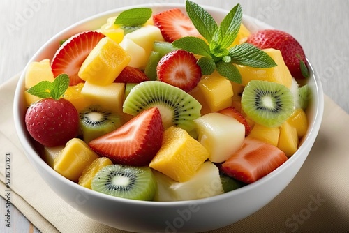 Strawberry  pineapple  kiwi  ananas  and mint are among the fresh fruits filling a bowl. Fruit salad that s to die for. Generative AI