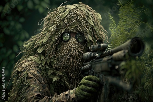 Sniper in a ghillie suit. Generative AI photo