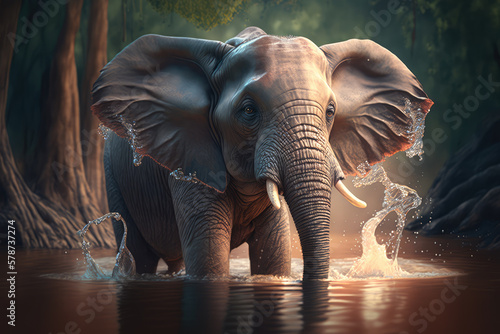 Wet and Wild Elephant Playing in a Puddle in the Savannah, generative ai