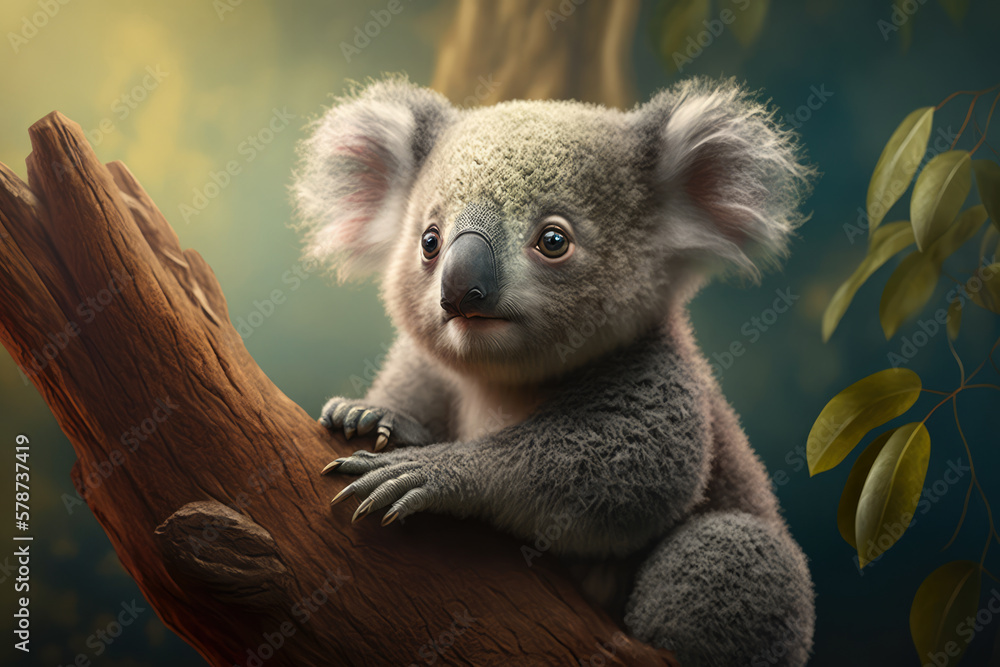 Obraz premium Young baby koala clinging to a tree branch with a sleepy yet endearing expression, generative ai