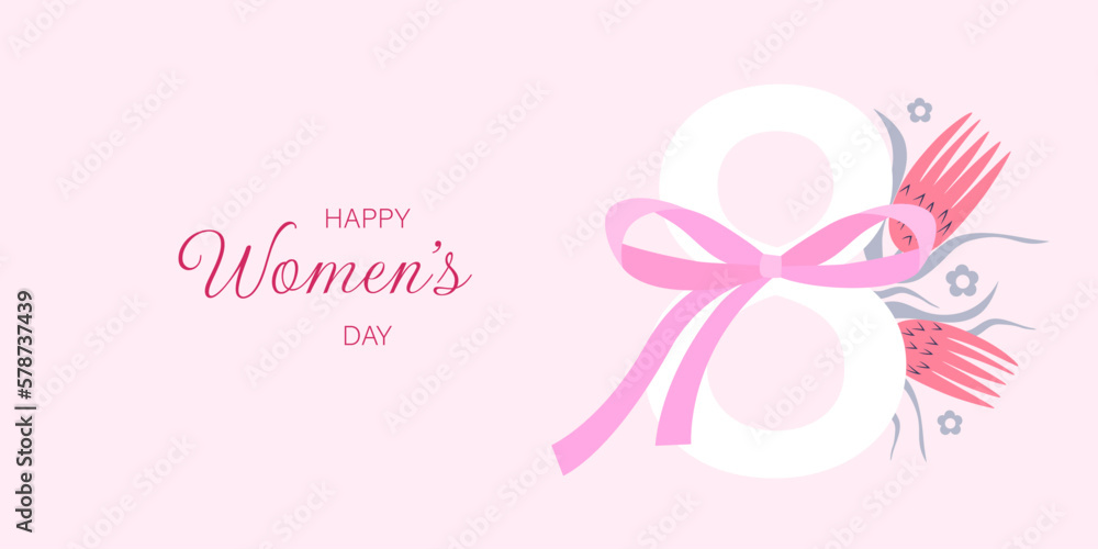 Eight number with pink flowers and stripe. Greeting banner for International Women's Day. Vector illustration..