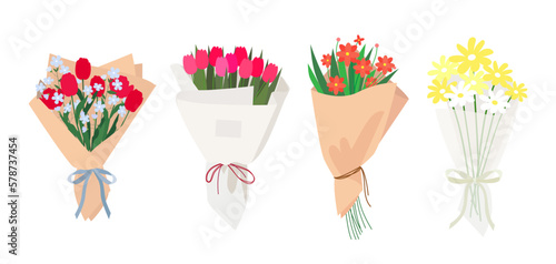 Floral vector bouquet with colorful flowers in craft paper. Set of four illustrations.