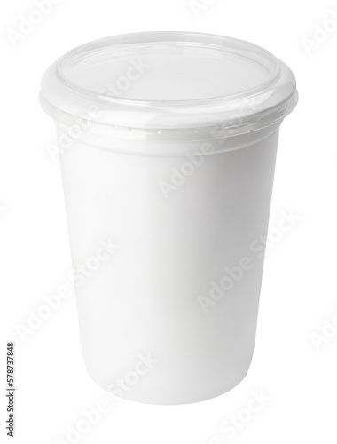 Plastic container for dairy foods with transparent lid isolated on transparent background