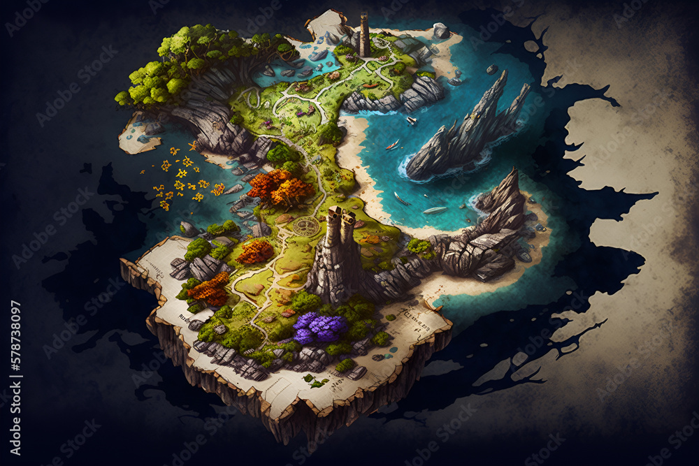 3D rendered fantasy map  magical world filled with lush forests 