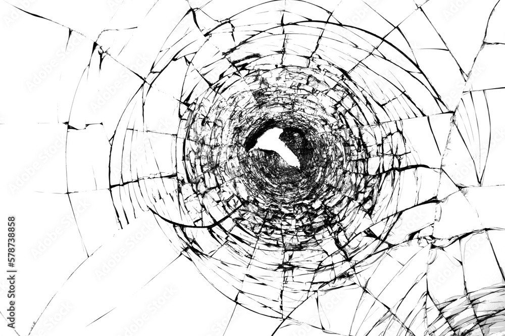 Cracks on broken glass after gun shots. Punched hole in windshield