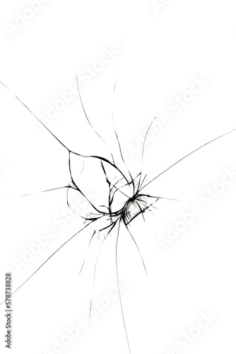 Broken glass on window isolated crack on white background. Cracks concept for design.