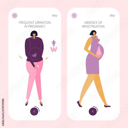 The app design with pregnancy symptoms. New mom absence of menstruation and frequent urination. Pregnant women has often discomfort, heaviness and uncomfortably.