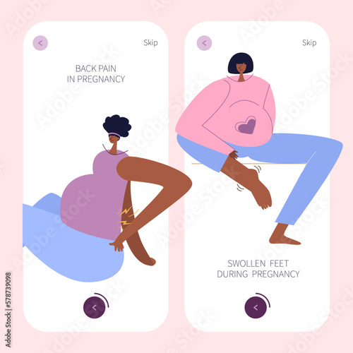 The app design with pregnancy symptoms. New mom has got back pain and edema, swollen foot.  Pregnant women has big belly and often has discomfort, heaviness and uncomfortably.