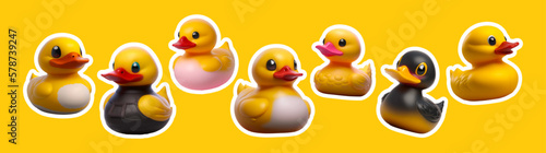 Big bundle of stickers with funny and cute rubber duck.Vector collection sticker of funny rubber duck on yellow isolated background. AI. Doodle cartoon style.