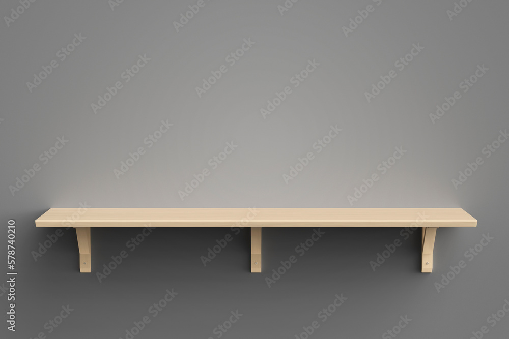 Empty wooden shelf with brackets on a grey wall, front view Empty wooden shelf with brackets on a grey wall, front view