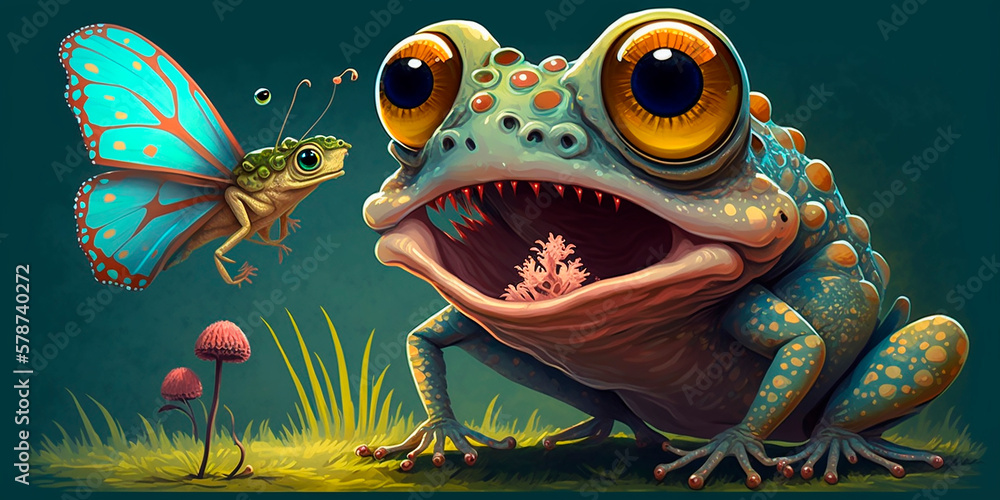Cute frog in a fairy forest with a butterfly, mystical image of an enchanted creature for witch rituals, illustration of a fairy tale. Generative AI Cute frog in a fairy forest with a butterfly, mystical image of an enchanted creature for witch rituals, illustration of a fairy tale. Generative AI