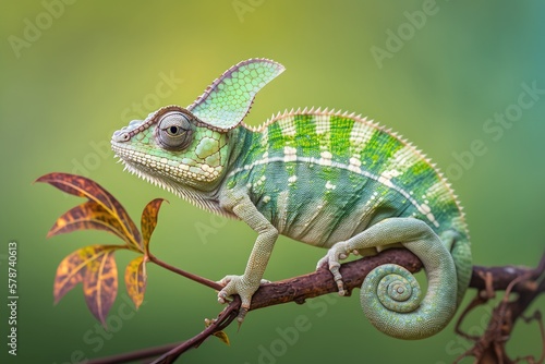 Yemeni chameleon, or veiled chameleon, on a plant against a green background. Generative AI