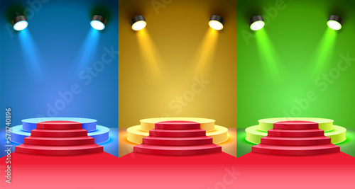 Red carpet podium room, show platform scene, studio presentation, color set. Vector