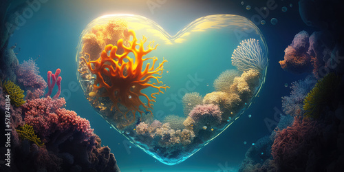 Heart shaped air bubble with corals underwater. Romantic concept wallpaper. Generative AI