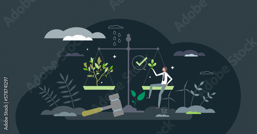 Environment regulation and legal nature standards policy tiny person concept. Sustainable ecology protection with responsible law principles and social vs green interests balance vector illustration.