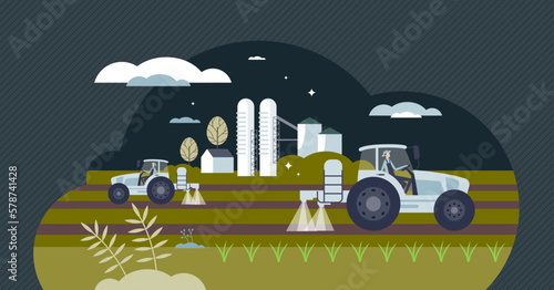 Agribusiness as agriculture business with maximal profit tiny person concept. Crops and farmland industry with productive and successful harvest work vector illustration. Industrial food production.