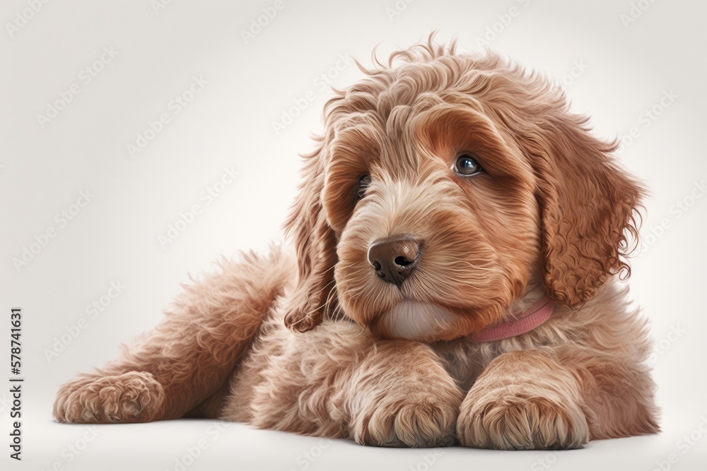 Adorable crimson apricot Puppy of a breed that combines the Australian Cobberdog with the Labradoodle, lying down and looking forward. An open maw, pink tongue protruding. Placed in a solitary context