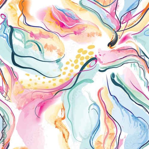 Abstract wavy lines seamless pattern. Spring organic texture with flowing wavy shapes. Beautiful watercolored background