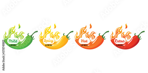 Spicy level. Hot chili pepper icons set with flame and color rating of mild, medium hot and extra hot. Level of pepper sauce or snack food