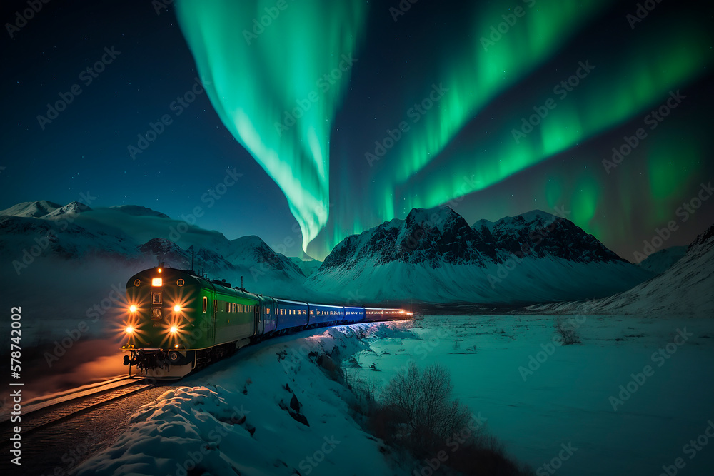 A passenger train rides in the arctic north in the snow against a backdrop of glowing northern lights at night, stars in the sky. Generative AI