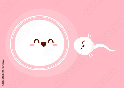 Cute happy funny sperm cell and Ovum. Vector flat line cartoon. illustration. Fertilization concept.