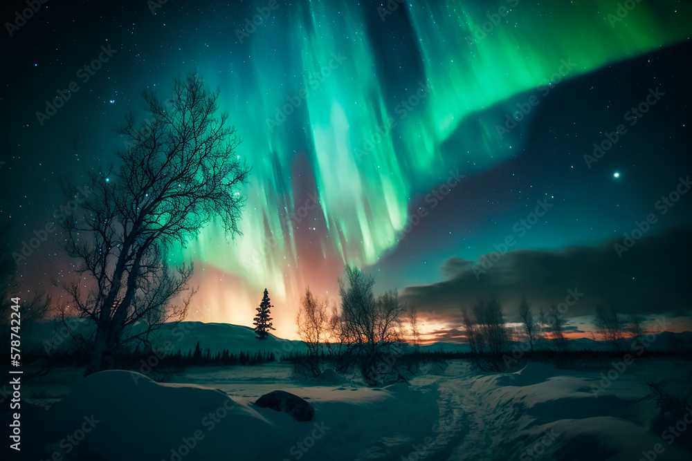 Landscape in the Arctic north in winter in the snow on the background of the luminous northern lights at night, stars in the sky. Generative AI