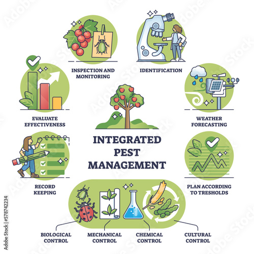 Integrated pest management as sustainable crop protection outline diagram. Labeled scheme with nature friendly mechanical, biological, chemical or cultural plant control approach vector illustration.