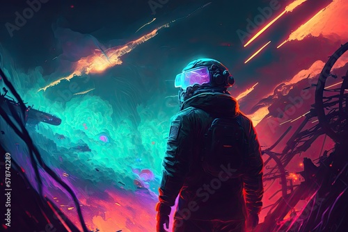 A space traveler from the past amidst a sea of neon lasers. Scenery from the future. Generative AI