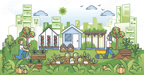 Urban agriculture and ecological city gardening community outline concept. Harvest planted vegetables and greens as local food from personal garden vector illustration. Sustainable farm lifestyle.