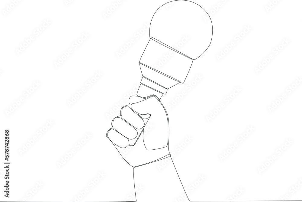 A right hand holding a simple microphone. World press day one line drawing A right hand holding a simple microphone. World press day one line drawing