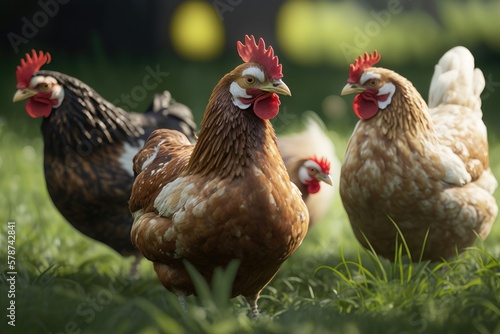 Chickens at a traditional free-range poultry farm. a flock of chickens grazing on the grass. AI Generation
