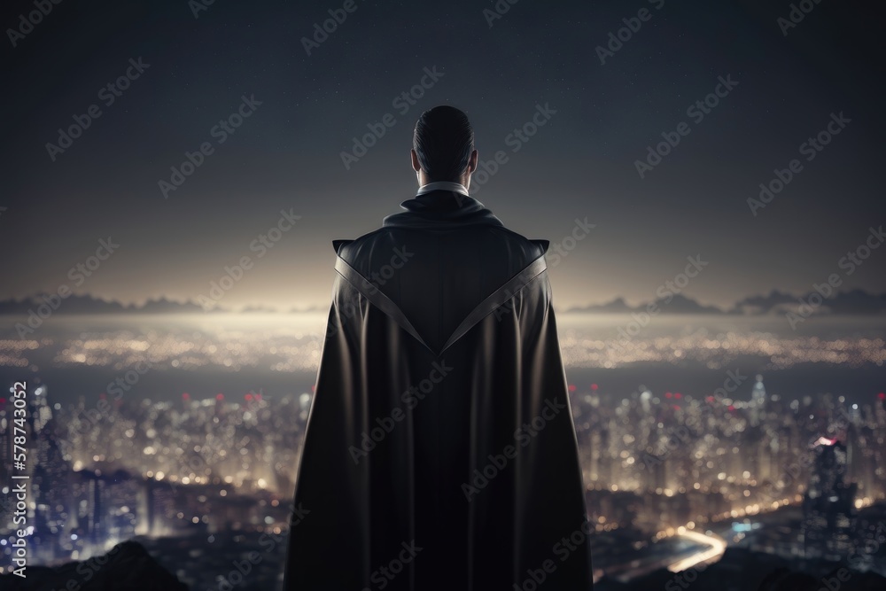 Businessman in suit and cape hero stand at rooftop looking great cityscape view and thinking business plan of the future. AI generation