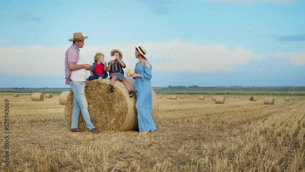 male children having fun in field with bales, eating wheat bread and drinking milk from bottle male children having fun in field with bales, eating wheat bread and drinking milk from bottle
