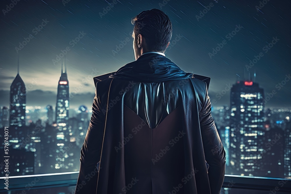 Businessman in suit and cape hero stand at rooftop looking great cityscape view and thinking business plan of the future. AI generation Businessman in suit and cape hero stand at rooftop looking great cityscape view and thinking business plan of the future. AI generation