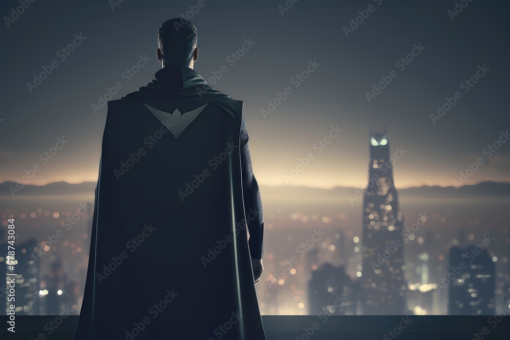 Businessman in suit and cape hero stand at rooftop looking great cityscape view and thinking business plan of the future. AI generation Businessman in suit and cape hero stand at rooftop looking great cityscape view and thinking business plan of the future. AI generation