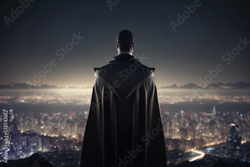 Businessman in suit and cape hero stand at rooftop looking great cityscape view and thinking business plan of the future. AI generation