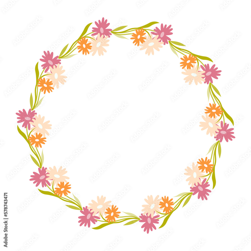 Clip art of hand drawn wreath wild flowers on isolated background. Design for mother's day, springtime and summertime celebration, scrapbooking, wedding invitation, textile, home decor.