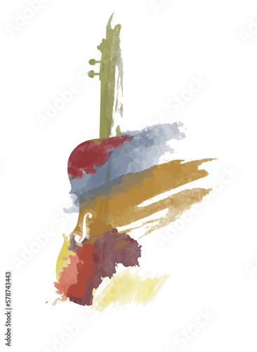 A violin musical instrument is seen in an abstract watercolor painting isolated on a white background in a vector illustration.