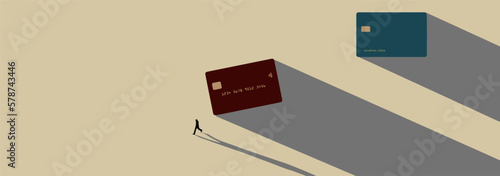 Two contemporary design credit or debit cards cast long shadows when seen from above. A human figure also casts a long shadow in this vector illustration.