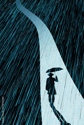 A man with an umbrella walks a curving road at night in the rain in this vector illustration.
