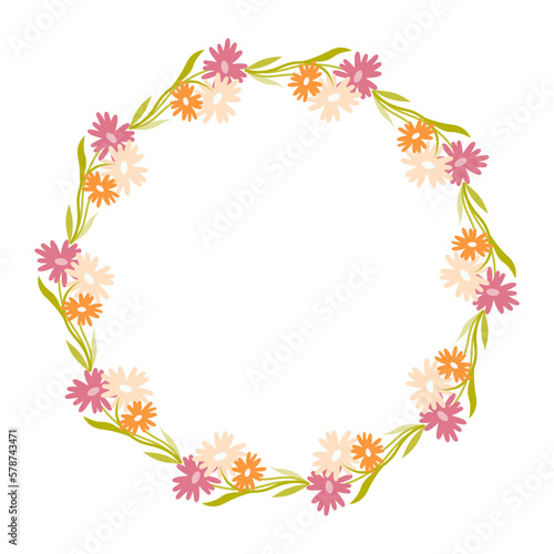 Clip art of hand drawn wreath wild flowers on isolated background. Design for mother's day, springtime and summertime celebration, scrapbooking, wedding invitation, textile, home decor.