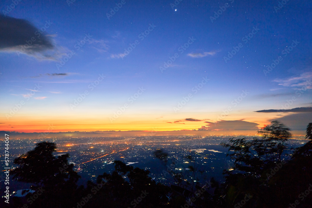 Chiangmai city at twilight, Thailand. View from Khao Kho mountain.