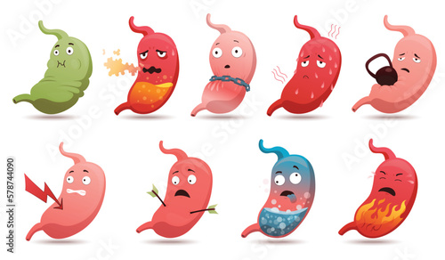Stomach troubles icons. Sad suffering sick human stomach. Vector flat cartoon illustration design. Unhealthy stomach face character. Digestive tract with stomach ache
