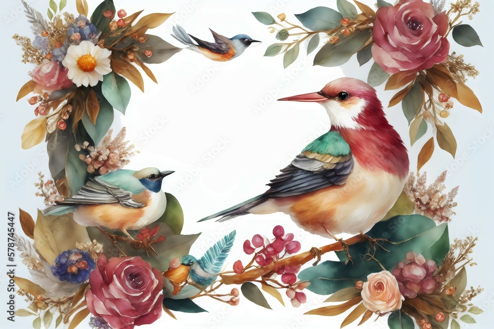 Ornament design for invitation, card. Watercolor and colorful floral paintings. Bird, flowers, frame. Generative AI