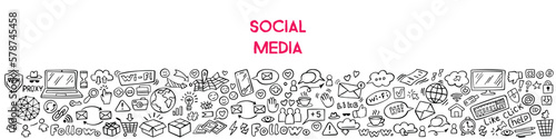 Banner of social media doodle on white background. Internet doodles. Vector illustration.