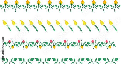 Set of borders yellow roses and tulip flowers lined up in row vector