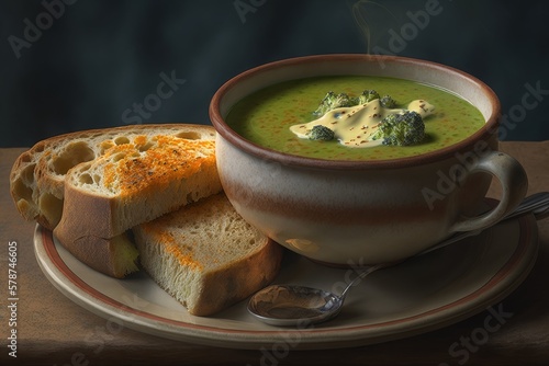 Close up of a bowl of spicy, cheesy broccoli soup and a piece of toast. horizontal. Generative AI