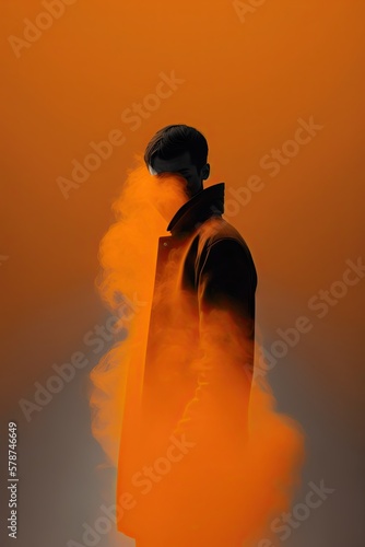 blur photo, orange color front portrait siluet by Bill Durgin, dark glacial fog background, minimalism generative ai photo