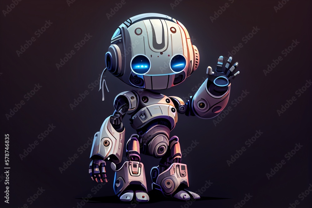 Cute Humanoid Robot Full Body Over Dark Background Waving Hello, Illustration. Generative AI