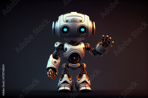 Cute Humanoid Robot Full Body Over Dark Background Waving Hello, Illustration. Generative AI